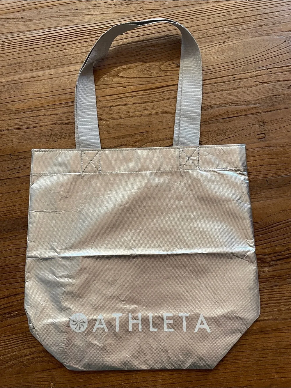 Athleta Metallic Silver Tote with White Logo
